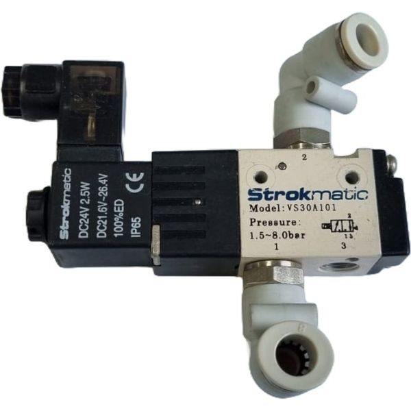 3/2 vias, acionamento solenóide, tensão 24VDC 2,5W, pressão 1,5~8bar, fluido ar comprimido