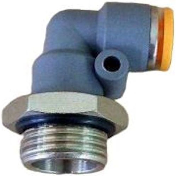 conexão rosca 3/8, diâmetro do tubo 6mm, meio de operação ar comprimido, anel de desengate laranja, corpo cinza