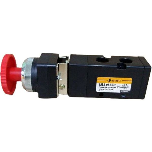 5/2 vias, conexão rosca 1/4, escape 1/8, atuador botão cogumelo vermelho, retorno mola, pressão 1...8bar, corpo alumínio, vedações NBR