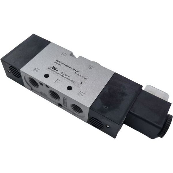 5/2 vias, conexões G1/4, atuação elétrica / retorno mola, vazão 1000 l/min, pressão operacional 2,5 ...10 bar, meio ar comprimido, corpo liga de alumínio, vedações HNBR / NBR / PU