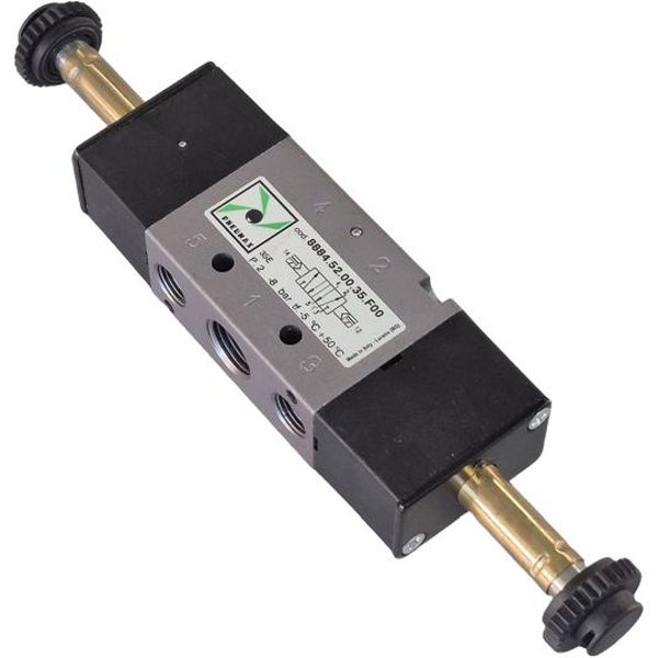 Série 888, 5/2 vias, solenóide-solenóide, fluido ar filtrado, temperatura -5...50oC, fluxo nominal 890 Nl/min, tamanho do orifício 6.5mm, conexão rosca G1/4.
F00 significa sem bobinas. Consulte a possibilidade de adquirir as bobinas.