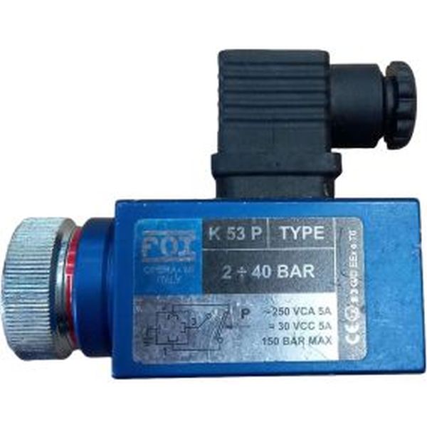 voltagem ~250 VCA 5A / 30 VCC 5A, pressão máxima 50 bar, conexão hidráulica 1/4bsp-f, temperatura de trabalho -25-85oC, frequência de comutação 120 ciclos/min, corpo quadrado 40X40mm em alumínio anodizado