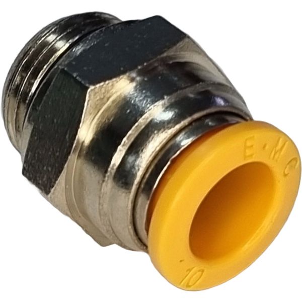 conexão rosca 3/8, diâmetro do tubo 10mm, meio de operação ar comprimido, anel de desengate laranja, corpo metálico
