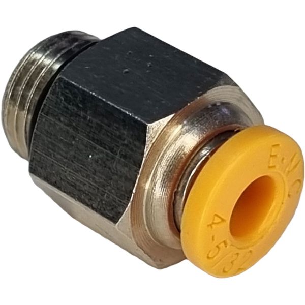 conexão rosca 1/8, diâmetro do tubo 4mm, meio de operação ar comprimido, anel de desengate laranja, corpo metálico