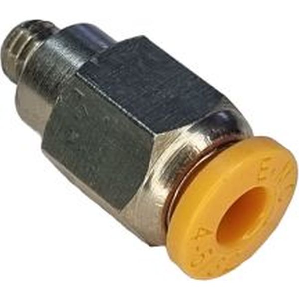 conexão rosca M5, diâmetro do tubo 4mm, meio de operação ar comprimido, anel de desengate laranja, corpo metálico