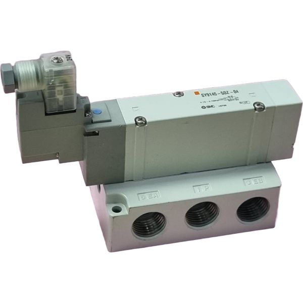 Série SY9000, 2 posições simples solenóide, tensão voltagem 24VCC, ligação elétrica com conector, LED com indicador/supressor de picos de tensão, conexão rosca 1/4
