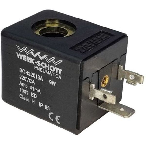 bobina grande, diâmetro do furo 10,5mm, altura 30,5mm, classe de isolamento H, tipo plug-in, 3 pinos. Para as válvulas Válvulas Mini 1/4, Solenóide Mini 3/8, Solenóide Mini 1/2 e Válvulas Poppet Multidirecionais de Alta Vazão
