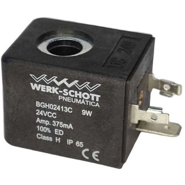 bobina grande, diâmetro do furo 10,5mm, altura 30,5mm, classe de isolamento H, tipo plug-in, 3 pinos. Para as válvulas Válvulas Mini 1/4, Solenóide Mini 3/8, Solenóide Mini 1/2 e Válvulas Poppet Multidirecionais de Alta Vazão