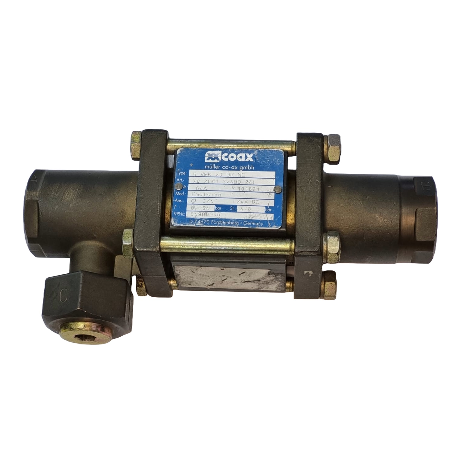 3/2 vias, conexão G3/4, orifício DN 20mm,  tensão de 24VDC, temperatura do meio de +60°C 