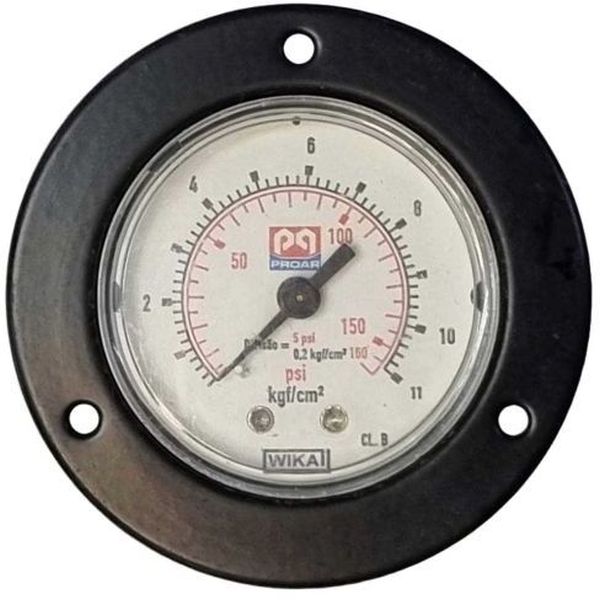 saída por trás, conexão rosca 1/4, com flange, mostrador 50mm, fluido ar comprimido