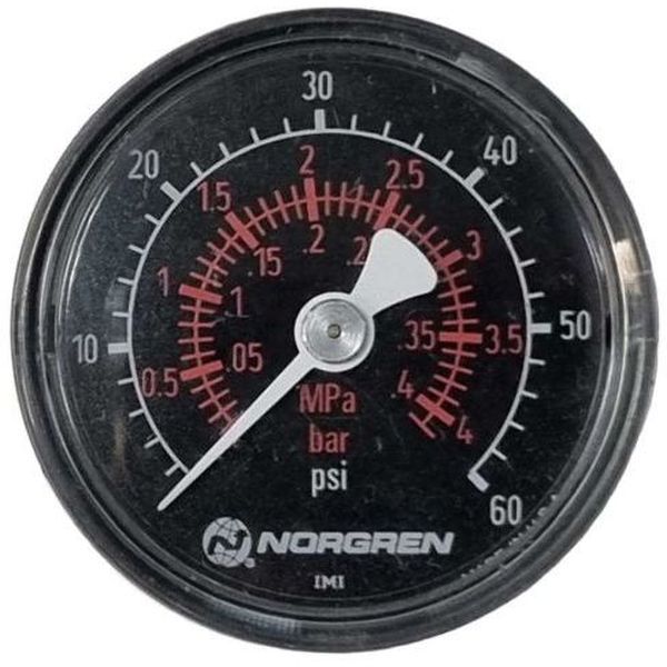 saída por trás, conexão rosca 1/8NPT, diâmetro 40mm, visor plástico, caixa material plástico, oring NBR, meio ar comprimido / óleo / gases e líquidos neutros