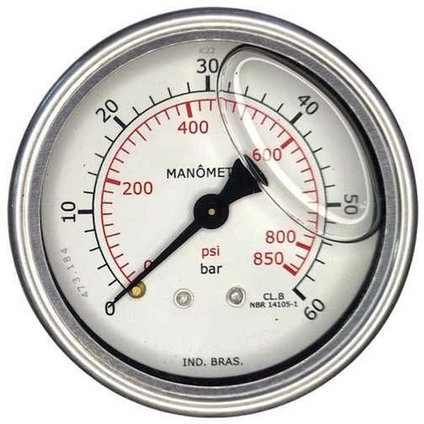 saída traseira, com glicerina, conexão rosca 1/4, mostrador 63mm, escala dupla psi/bar, fluido óleo