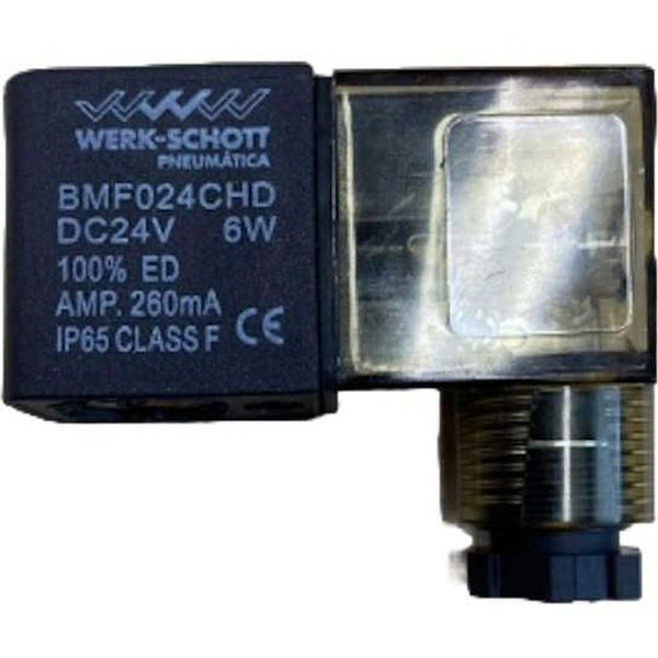 tensão voltagem 24VDC, potência 6W, ligação elétrica com plugue, 100%ED, corrente 260mA, proteção 65, classe F