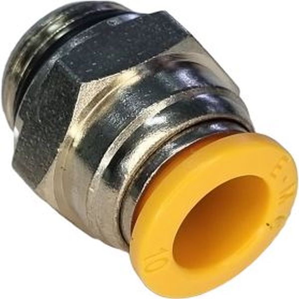 conexão rosca 1/2, diâmetro do tubo 10mm, meio de operação ar comprimido, anel de desengate laranja, corpo metálico