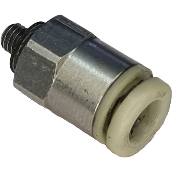 conexão rosca M5, conexão para tubo 4mm, fluido ar comprimido, corpo de metal, sextavado externo, anel de desengate branco