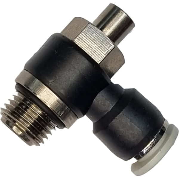 tipo cotovelo, conexão rosca 1/4, diâmetro do tubo 8mm, acionamento: manual, meio de operação ar comprimido, anel de desengate branco