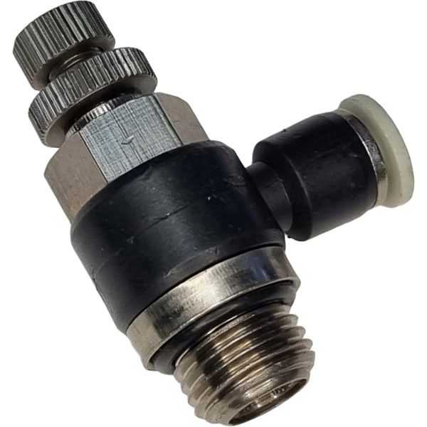 tipo cotovelo, conexão rosca 1/4, diâmetro do tubo 4mm, acionamento manual, meio de operação ar comprimido, anel de desengate branco
