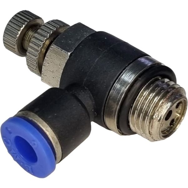 tipo cotovelo, rosca 1/4, conexão 6mm, anel de desengate azul, meio de trabalho ar comprimido