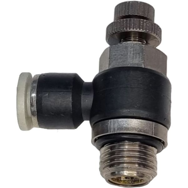 tipo cotovelo, conexão rosca 1/4, diâmetro do tubo 6mm, acionamento manual, meio de operação ar comprimido, anel de desengate branco