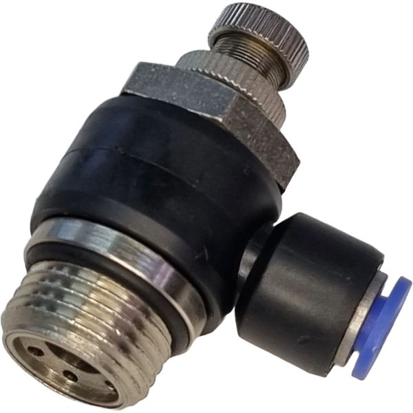 rosca de 1/2, diâmetro de 6 mm, pressão de 10bar, temperatura de 0°C a +60°C, meio ar comprimido, anel de desengate azul