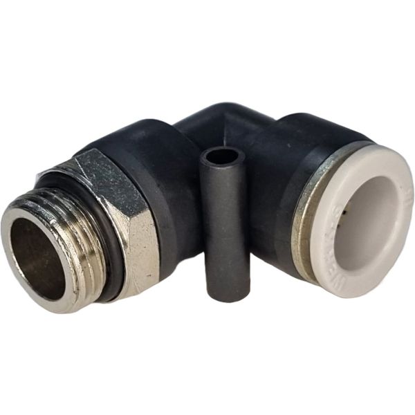 conexão roscada em L, conexão em L, conector pneumático em L, conexão L, união para tubos em L, conexão para tubos PUN e PAN, conexão pneumática, conexão instantânea, conexão rápida, conexão de engate rápido em L