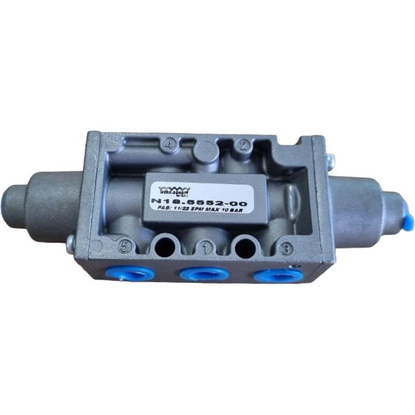 Série N18.000, conexão rosca 1/4BSP, 5 vias, atuador piloto, retorno piloto, 2 posições. Para fluxos intermediários com vazão de 2073 l/min à pressão de 7 bar.