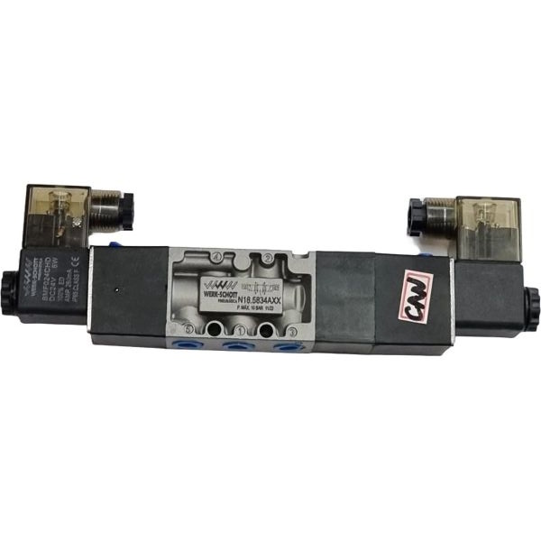 Série N18.000, conexão rosca 1/4BSP, 5 vias, atuador solenóide, retorno autocentrante, 3 posições CAN. Para fluxos intermediários com vazão de 2073 l/min à pressão de 7 bar.