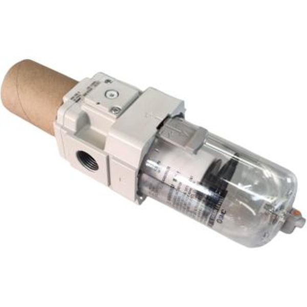 copo transparente, tamanho do corpo 40, conexão rosca 1/2, vazão 2000 Nl/min, pressão de trabalho 0,5-8,5bar, dreno manual, grau de filtragem 5 microns, sistema modular, regulador de pressão com travamento mecânico

