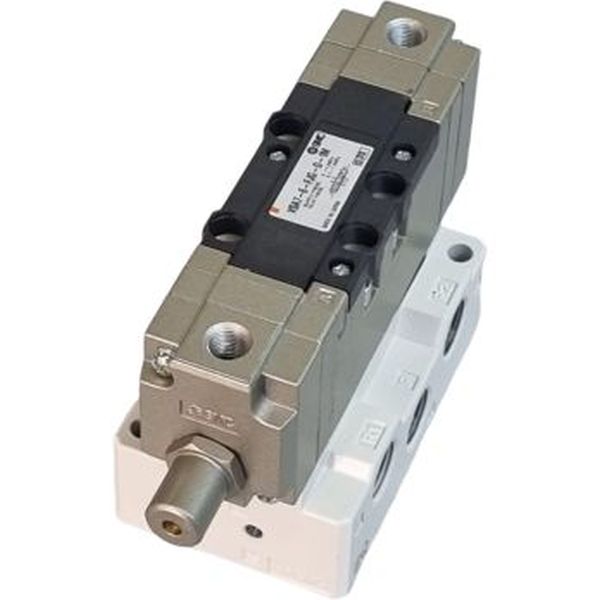5/3 vias, válvula com subplaca, fluido ar / gás inerte, pressão de operação 0,1~1MPa, temperatura ambiente 5~60oC, ligação elétrica conector DIN, lubrificação não necessária, configuração FJG, duplo solenóide (D), tensão 100VAC (1)
