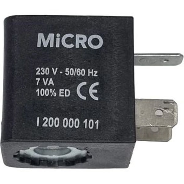 bobina para eletroválvula, largura 22mm, tensão 230V, 50/60Hz, potência 7 VA, conexão ED 100%, proteção IP65, temperatura ambiente máxima 50oC, classe de isolação H, encapsulamento em resina epoxi 