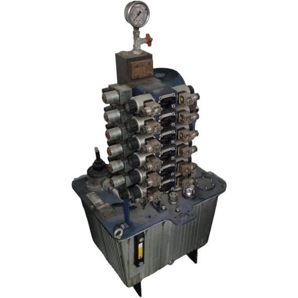 Unidade hidráulica com 6 válvulas hidráulicas direcionais REXROTH 4WE6 com pressostato para acionar 6 cilindros hidráulicos, motor elétrico, bomba hidráulica, reservatório, man&ocirc;metro, válvula isoladora de man&ocirc;metro