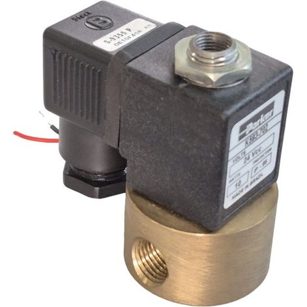 Série 28, 3 vias / ação direta, rosca 1/4npt, atuação solenóide, bobina 24VCC, corpo latão, vedações FKM, meios ar / gás / água / óleos leves