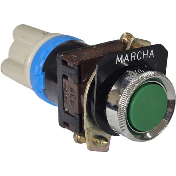 Série MT M5, 3/2 para painel, furos diâmetro 22mm, tipo botoeira elétrica, botão de plástico verde, corpo Zamac, guarnições NBR