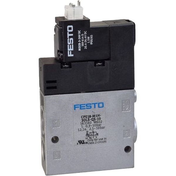 Válvula solenóide da série CPE, função 3/2 vias, normalmente aberta (3/2 OL), monostável, com conexão pneumática QS-10 e alimentação 24V DC - FESTO