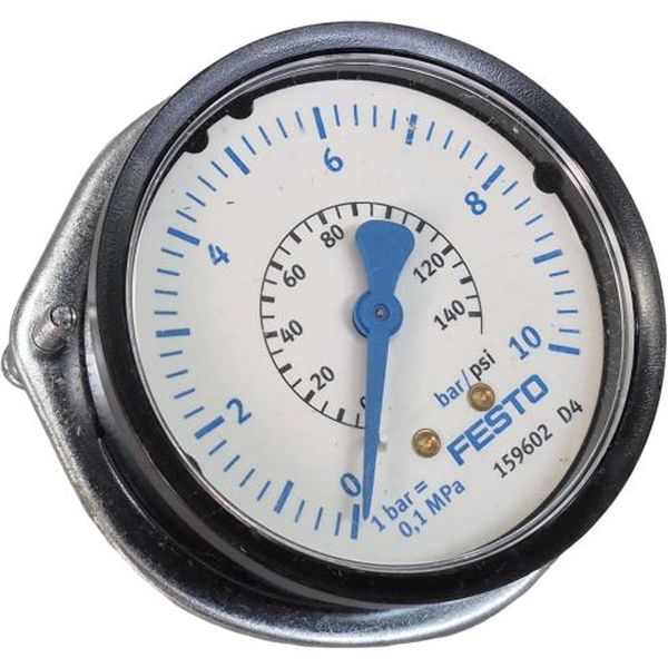 saída por trás, conexão pneumática G1/4, dupla escala (0-10bar/ 0-140psi), equipado com flange para montagem em painel ou superfície, tamanho nominal do man&ocirc;metro 63mm, fluidos gases inertes / líquidos neutros