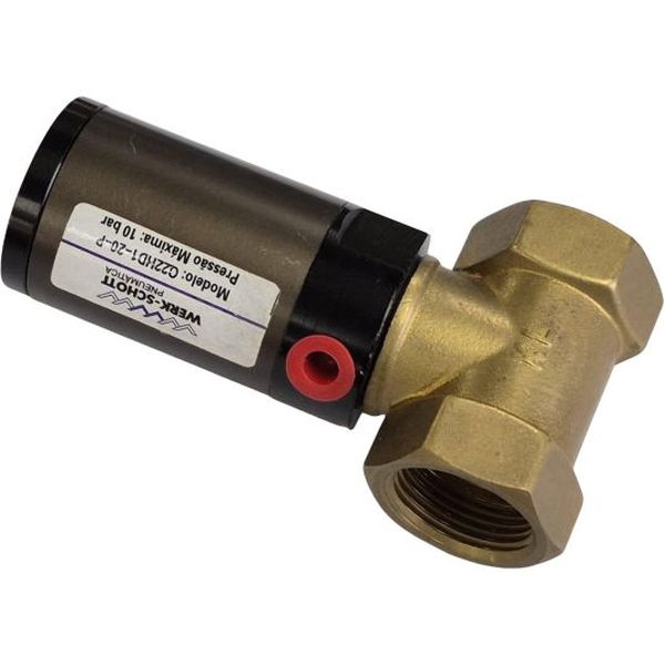2/2 vias, rosca fêmea G3/4, orifício 20mm, acionamento pneumático, pressão 1~10bar, corpo latão, vedações PTFE