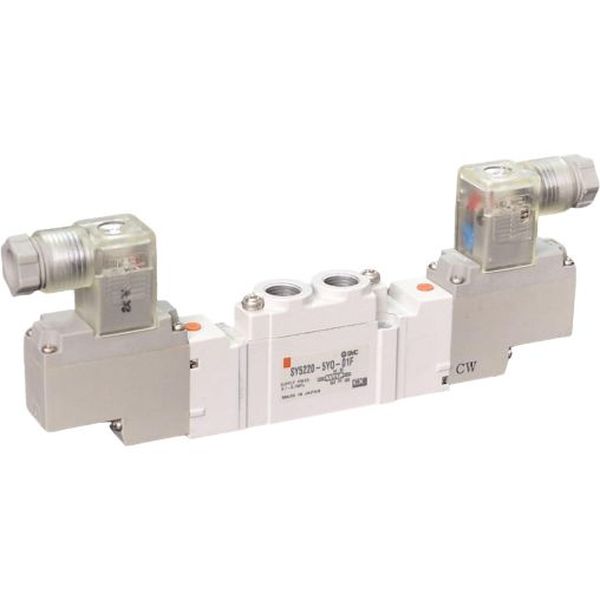 Série SY5000, modelo com corpo roscado, 2 posições duplo solenóide, tensão voltagem 24VCC, ligação elétrica com conector DIN, conexão rosca G1/8
