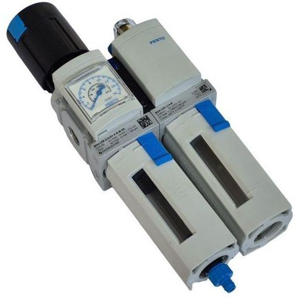 Filtro regulador: conexão rosca G1/4, vazão 1500l/min, faixa de regulagem 0,5...12bar. Lubrificador: conexão rosca G1/4, vazão 2200l/min, temperatura ambiente 10...60oC.
