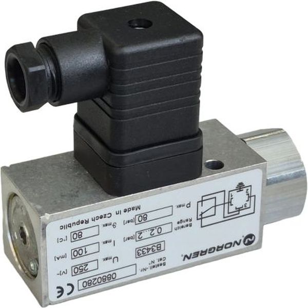 Série 18D, conexão G1/4, faixa de pressão 0,2...2bar, pressão máxima 80bar, temperatura 0~50oC, fluidos gases / líquidos, corpo alumínio, vedações FPM