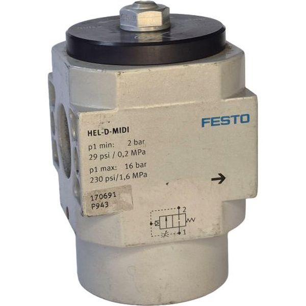tamanho MIDI, acionamento pneumático, 2/2 vias, monoestável, pressão de operação 3...16bar, temperatura ambiente -10oC...60oC, corpo alumínio, vedações NBR
