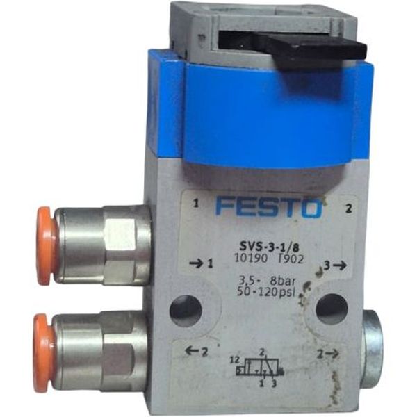 3/2 vias, conexões G1/8, acionamento mecânico, vazão 120l/min, pressão de trabalho 3,5-8bar, corpo alumínio, vedações NBR / PU
