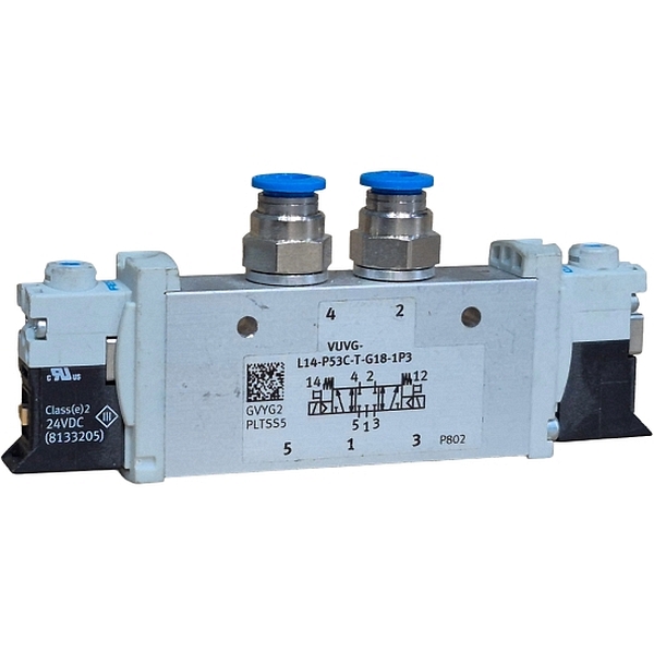 5/3 vias, duplo solenóide, tensão 24VDC (8133205). Com conexões de engate rápido.