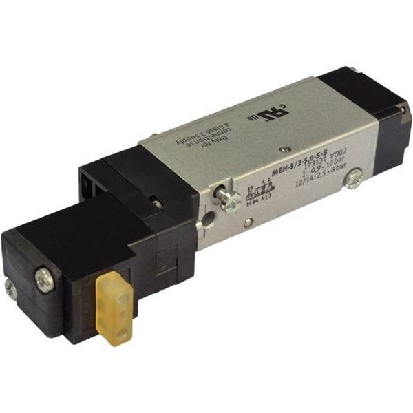 5/2 vias, monoestável, montagem sobre base, acionamento elétrico / retorno mola, pressão -0,9~10bar, temperatura -20~40oC, corpo alumínio, vedações HNBR / NBR