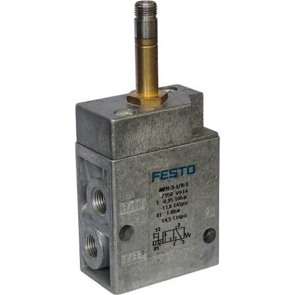 3/2 vias, conexão G1/8, acionamento eletropneumático / retorno mola, pressão 8bar, corpo alumínio, vedações NBR