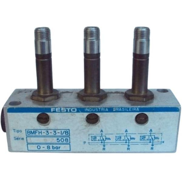 3/2 vias, conexão G1/8, acionamento eletropneumático / retorno mola, pressão 8bar, corpo alumínio, vedações NBR