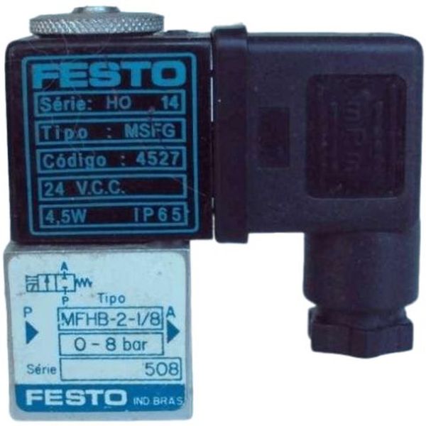 3/2 vias, conexão rosca 1/8, atuação solenóide / retorno mola, bobina elétrica 24VCC