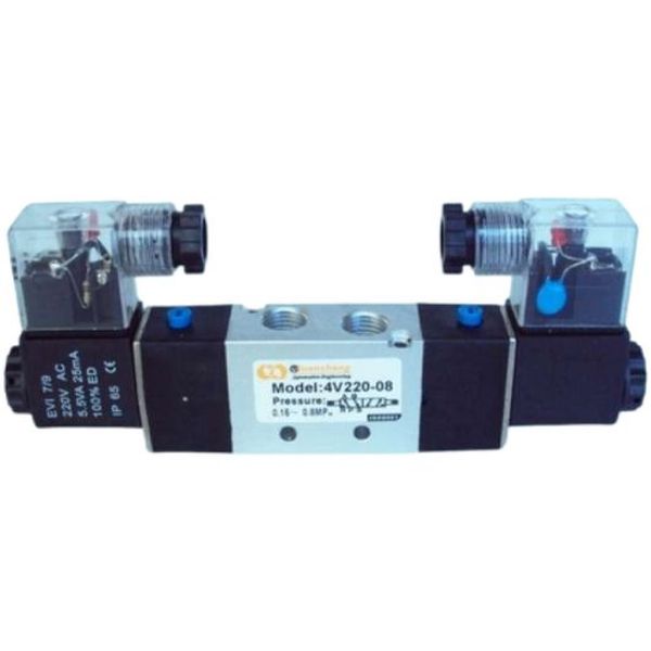 5/2 vias, conexão rosca 1/4, acionamento duplo solenóide, bobina 220VAC, fluido ar comprimido