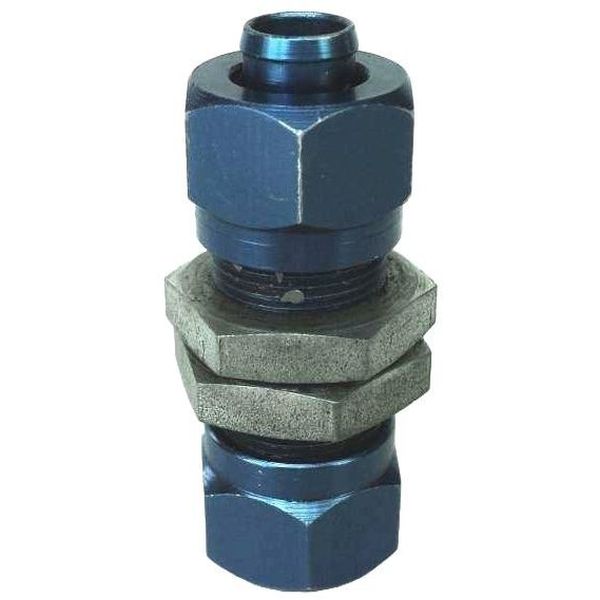 conexão passamuro metálica, conexão passa-muro em alumínio anodizado azul, conexão passa-muro painel, conexão pneumática passa-muro