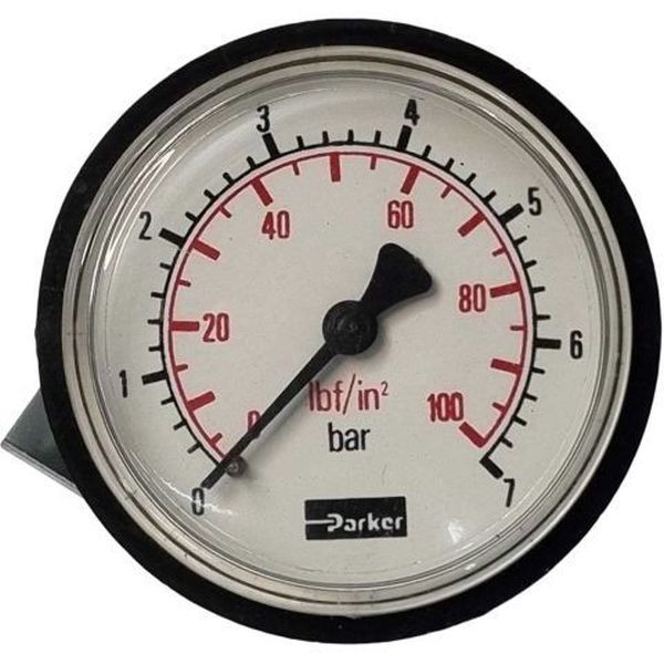 saída por trás, fixação por garra, conexão rosca 1/4, diâmetro 65mm, visor de plástico, fluido ar comprimido