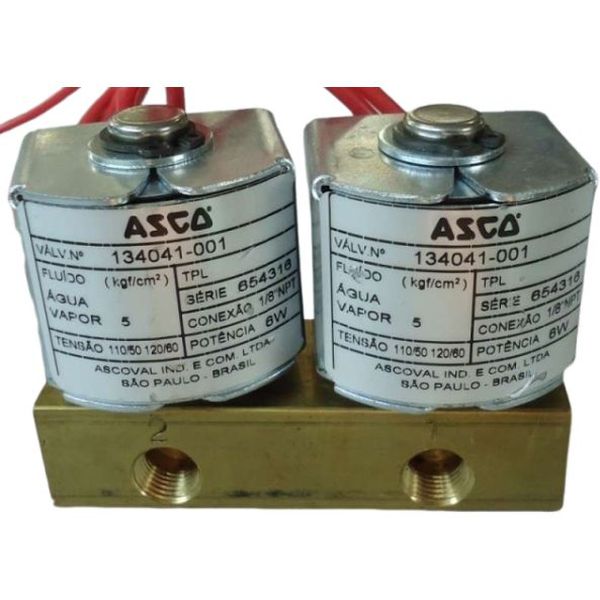 válvula duplo solenóide, fluidos água / vapor, conexão 1/8npt, tensão da bobina 110V/50 120V/60 potênica 6W, ligação da bobina com fio, corpo da válvula latão